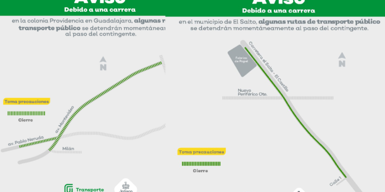 El domingo algunas rutas del transporte público se detendrán momentáneamente, debido a tres carreras en Guadalajara y El Salto
